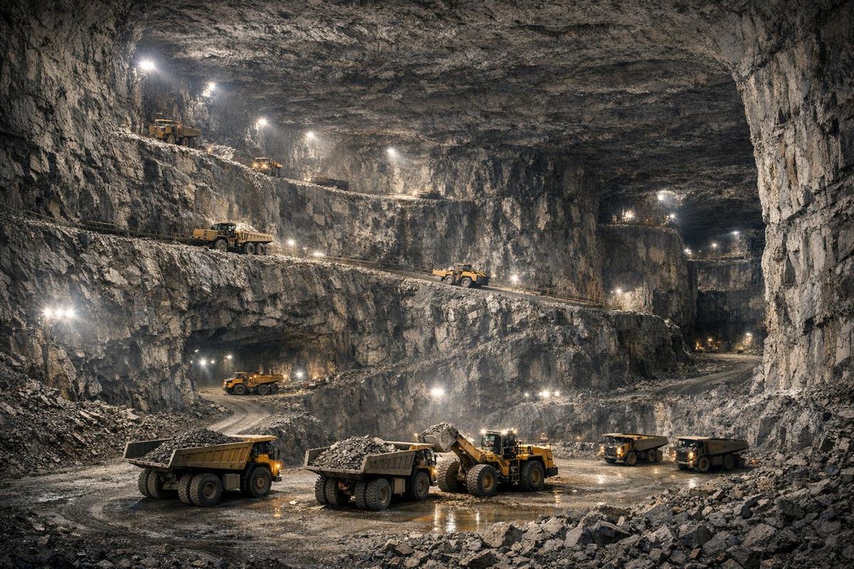 Haul trucks and loaders working in a large underground mine